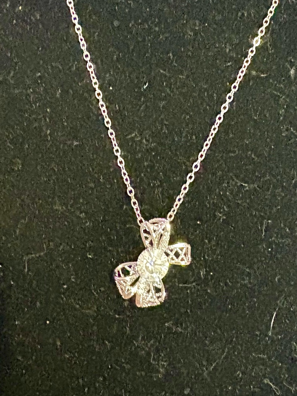 Delicate Moissanite and Silver Bow Pendant Necklace - Silver